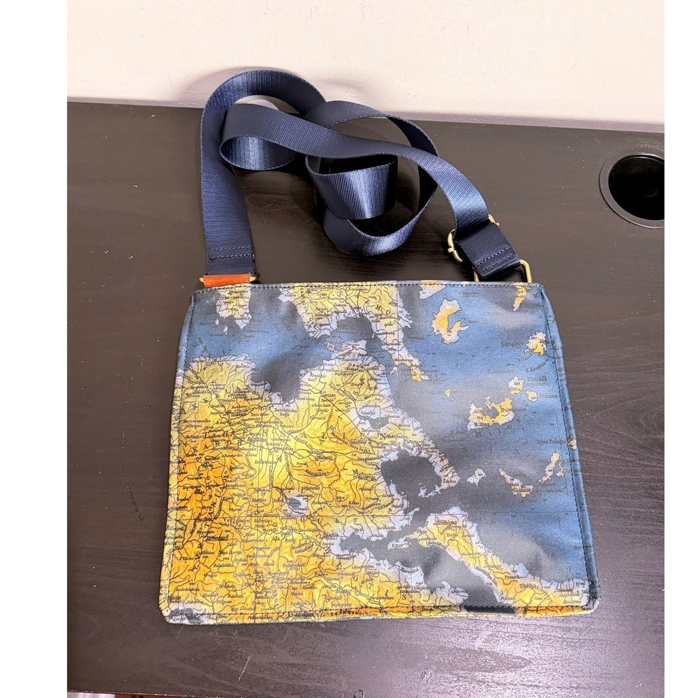 Patricia Nash Vintage Map Print Nylon Crossbody Bag Blue Yellow Slim Messenger - Picture 2 of 6